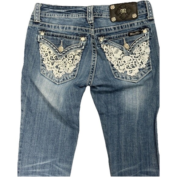 Miss Me Jeans 27 Low‎ Rise Straight Western Cowgirl Lace Flap Pocket Y2K Denim - Picture 4 of 8